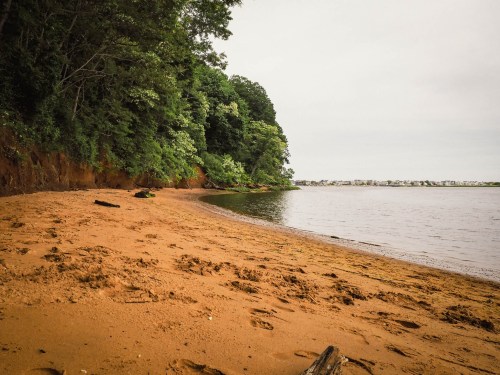 A sandy beach curves along a calm river, bordered by lush green trees and a cloudy sky in the background.