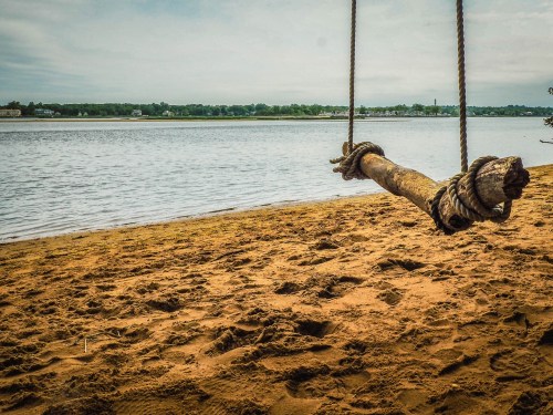 A wooden swing hangs from a rope over a sandy beach by a calm river, with trees and buildings in the background.