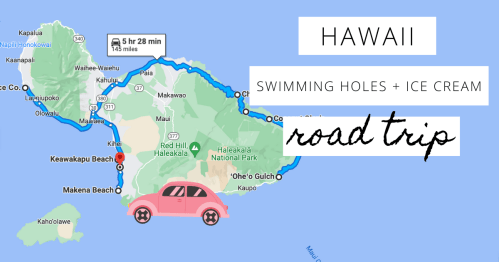Map of Hawaii highlighting a road trip route with swimming holes and ice cream stops, featuring a pink car icon.