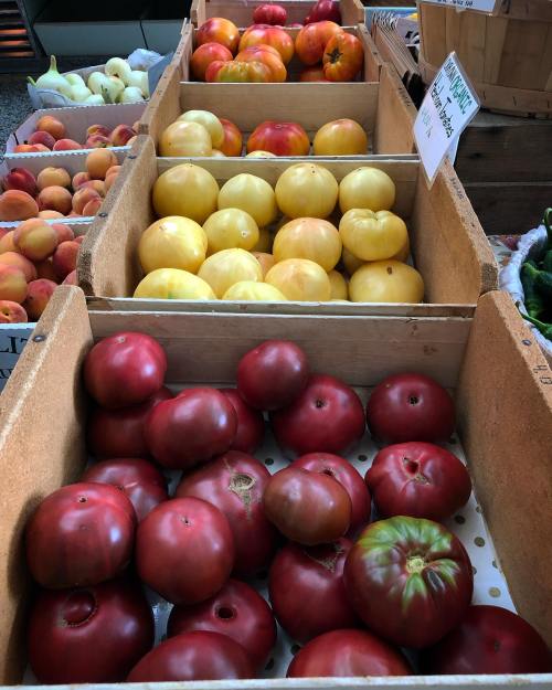 Baskets of colorful tomatoes and peaches at a market, showcasing red and yellow varieties.