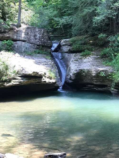 A serene waterfall cascading into a clear pool, surrounded by lush greenery and rocky cliffs.