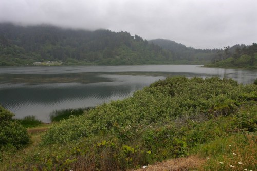 A serene lake surrounded by lush greenery and misty mountains under a cloudy sky.