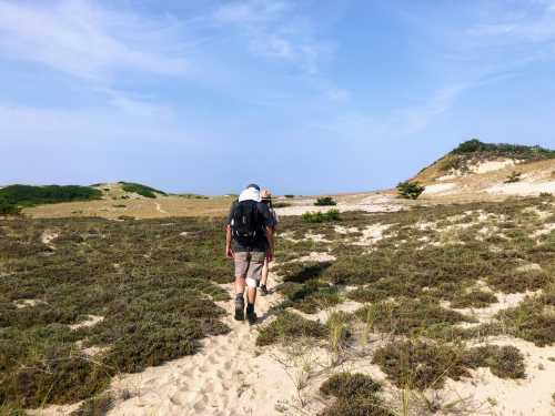 A person hiking on a sandy trail through a grassy landscape under a blue sky.