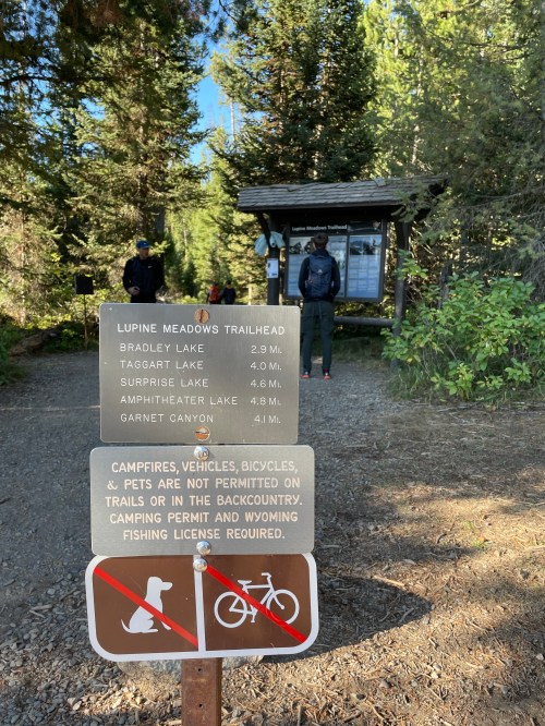 Trailhead sign at Lupine Meadows with distance markers and rules against camping, vehicles, and pets. Two hikers in background.