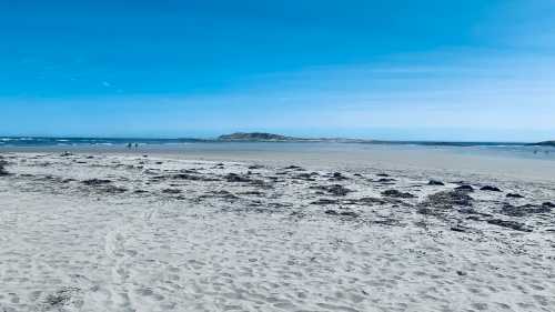 A serene beach scene with soft sand, gentle waves, and a clear blue sky, featuring distant figures walking along the shore.