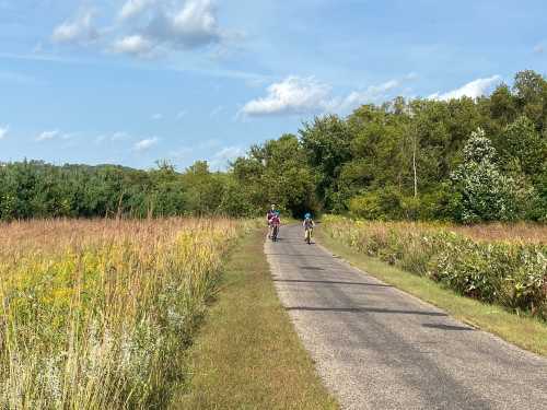 Two cyclists ride along a paved path through a grassy field, surrounded by trees under a blue sky with fluffy clouds.