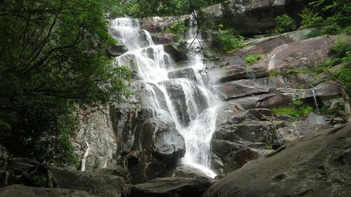 A cascading waterfall flows down rocky cliffs, surrounded by lush greenery and trees.