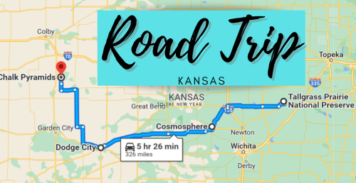 Map of a road trip route in Kansas, highlighting stops like Chalk Pyramids and the Cosmosphere, with a total travel time of 5 hours 26 minutes.