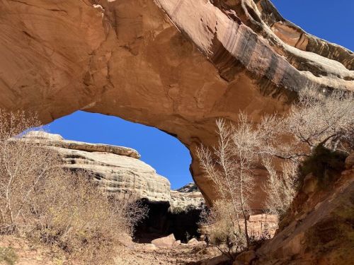 A large rock arch frames a clear blue sky, surrounded by rugged terrain and sparse trees.