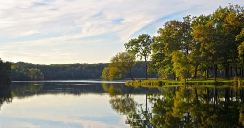 A serene lake surrounded by trees, reflecting the sky and greenery on a calm day.