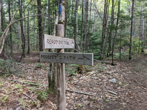 Wooden signpost in a forest, pointing to "Reservation Trail" and "Peggit's Path" with trees in the background.