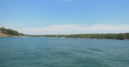 A serene lake view with clear blue water and lush green trees lining the shore under a bright blue sky.