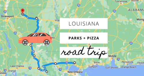 Map of Louisiana highlighting a road trip route with parks and pizza stops, featuring a car icon.