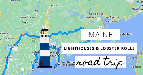 Map of Maine highlighting a road trip route featuring lighthouses and lobster rolls, with a lighthouse illustration.
