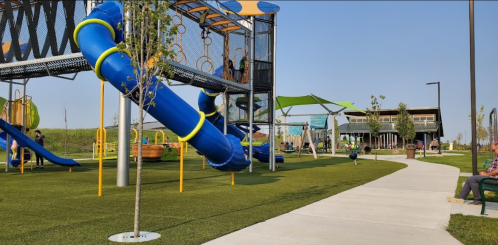 A colorful playground with a blue slide, climbing structures, and green grass, with people enjoying the space.