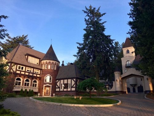 A picturesque mansion with a mix of architectural styles, surrounded by trees and a circular driveway.