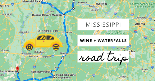 Map highlighting a road trip in Mississippi featuring wine and waterfalls, with a yellow car icon and key locations marked.