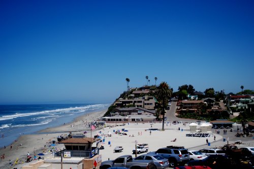 A sunny beach scene with people, palm trees, and coastal buildings under a clear blue sky.