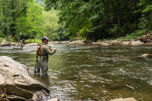 Two anglers fishing in a serene river surrounded by lush greenery and rocky banks.