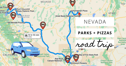 Map of a road trip in Nevada, highlighting parks and pizzerias, with a blue SUV illustration.