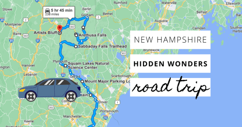 Map of a road trip in New Hampshire highlighting hidden wonders, with a route from Artists Bluff and a car illustration.