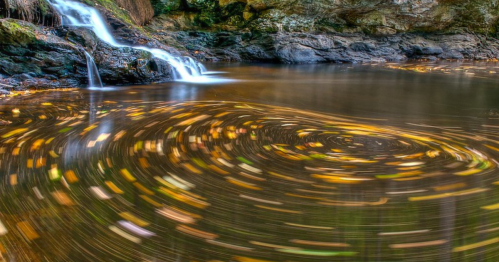 A serene scene of a pond with swirling autumn leaves and gentle waterfalls in the background.