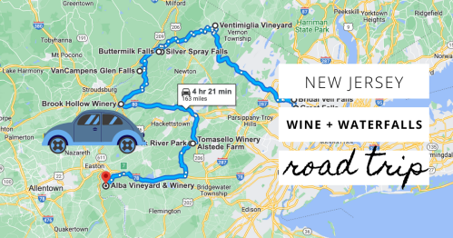 Map showing a road trip route in New Jersey, highlighting wineries and waterfalls, with a car icon and travel time.