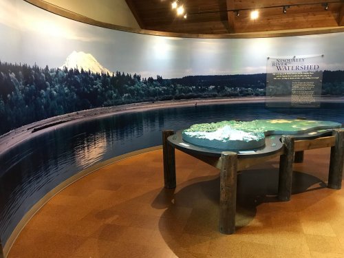 A display featuring a topographical model of a watershed with a scenic backdrop of a forest and mountain.