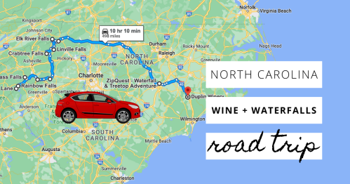 Map of North Carolina highlighting a road trip route for wine and waterfalls, featuring a red car icon.