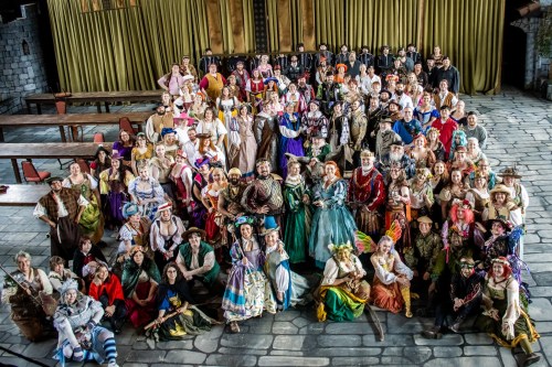 A large group of people in colorful costumes poses together in a medieval-themed setting.