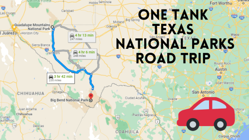 Map showing a road trip route for visiting Texas national parks, highlighting Big Bend National Park. Car icon included.