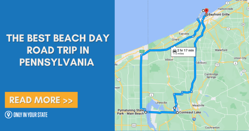 Map showing the best beach day road trip route in Pennsylvania, with travel time and key locations highlighted.