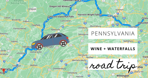 Map of Pennsylvania highlighting a road trip route featuring wine and waterfalls, with a car icon along the path.