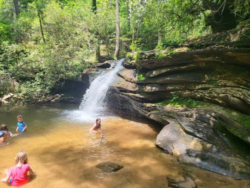 Children playing in a shallow pool near a small waterfall, surrounded by lush greenery and rocky terrain.