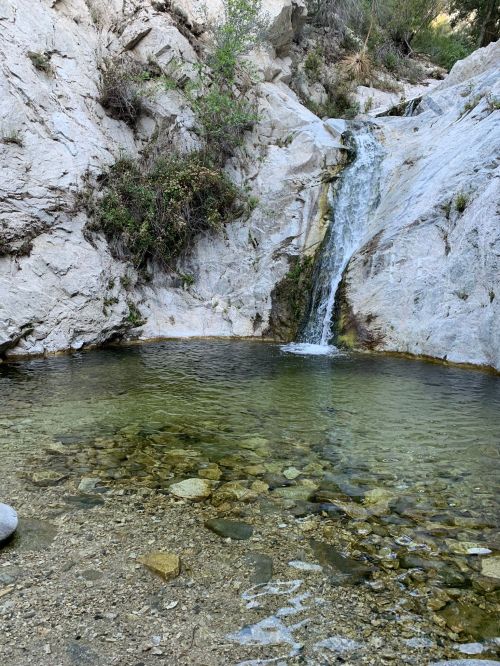 A serene waterfall cascading into a clear pool surrounded by rocky terrain and lush greenery.