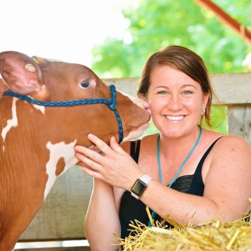 A woman smiles while gently touching the face of a brown and white cow in a barn setting.