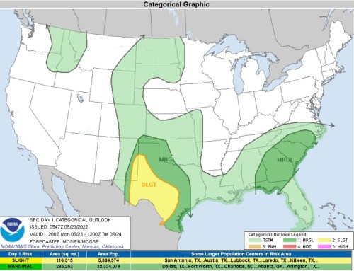 Map showing severe weather outlook for the southern U.S., with areas of slight and marginal risk highlighted.