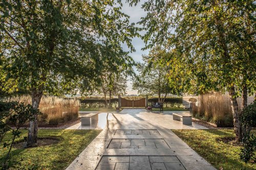 A serene pathway lined with trees and grasses, leading to a tranquil outdoor space under soft sunlight.