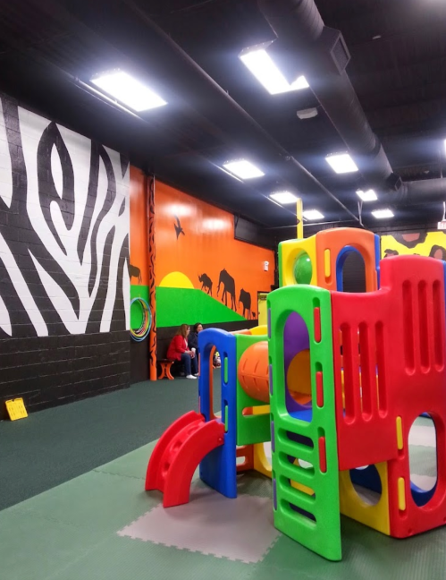Colorful playground equipment in an indoor play area with animal-themed murals on the walls.
