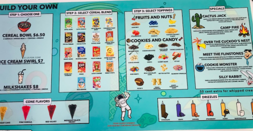Menu for a cereal bar featuring options to build your own bowl, including cereals, toppings, and milkshake choices.
