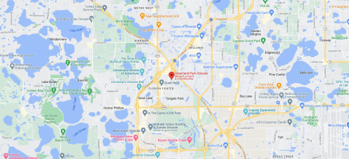 Map of Orlando, Florida, highlighting landmarks and bodies of water, with a focus on the Florida Center area.