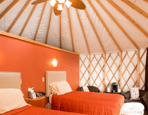 Cozy yurt interior with two beds, wooden accents, and a small seating area. Warm orange walls create a welcoming atmosphere.