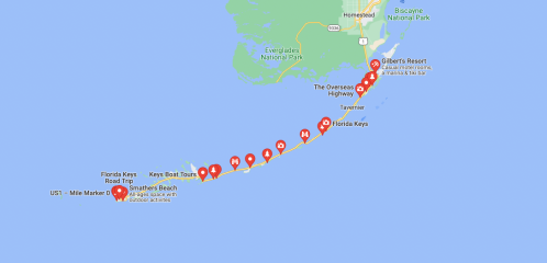 Map of the Florida Keys, highlighting the Overseas Highway and various points of interest along the route.