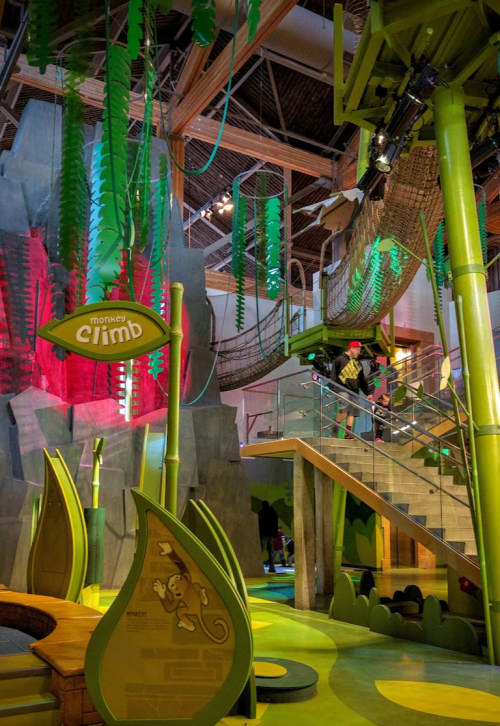 Indoor play area featuring climbing structures, vibrant greenery, and a multi-level design for children to explore.