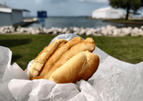 A close-up of a sandwich in a wrapper, with a scenic waterfront view in the background.