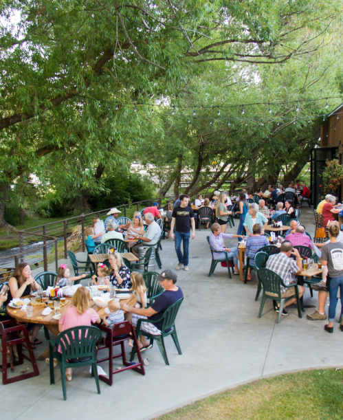 A bustling outdoor dining area with people enjoying meals under trees, surrounded by greenery and a relaxed atmosphere.