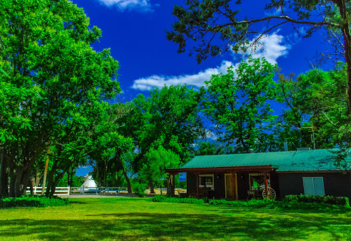 A vibrant green landscape featuring a rustic cabin under a bright blue sky with fluffy clouds and surrounding trees.