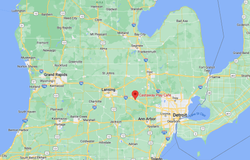 Map of Michigan highlighting cities like Detroit, Lansing, and Ann Arbor, with a marker for Castaway Play Cafe.