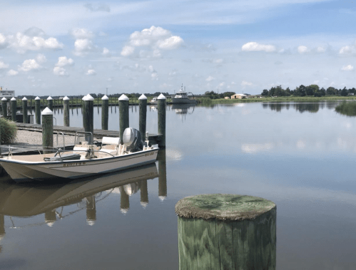 A calm waterway with boats docked at a pier, surrounded by lush greenery and a cloudy blue sky.