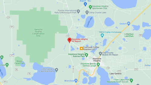 Map showing Keystone Heights RV Resort and nearby landmarks in Florida, including parks and a coffee roastery.